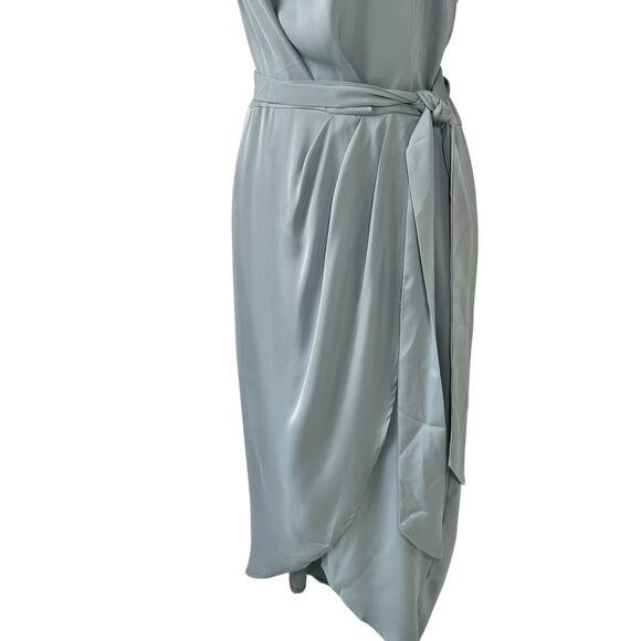 New Ruched Pale Blue Bodycon Dress Sz M One Shoulder Wrap Satin Cocktail Wedding - Picture 6 of 15